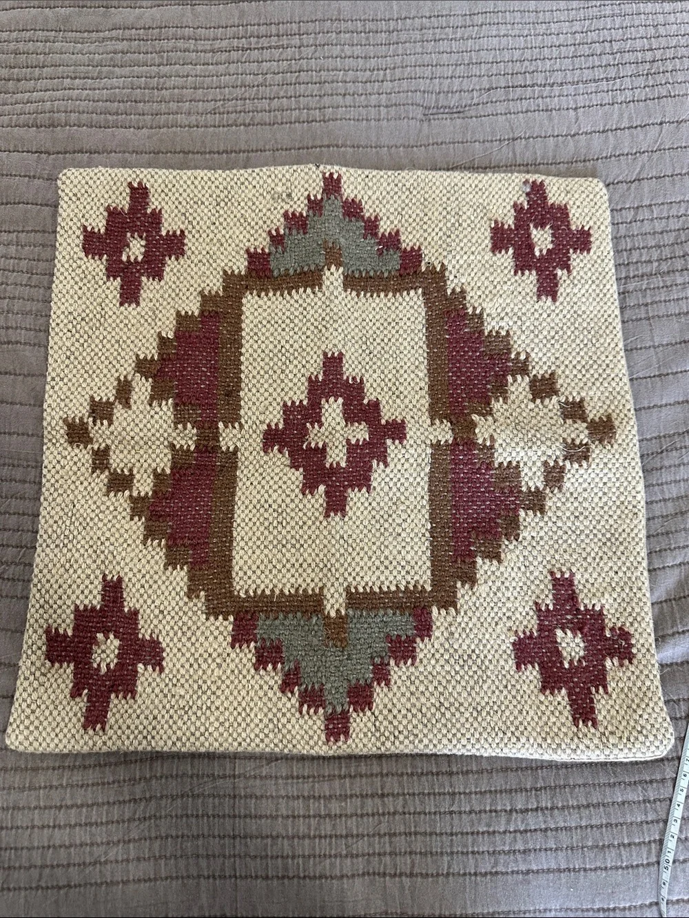 Handwoven Cream and Burgundy Geometric Throw Pillow Cover 18” Sq by Trade Star.